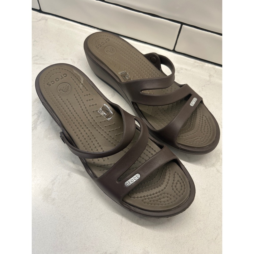 Crocs Patricia Wedge Sandals Women's Size 9 Brown Multi-Strap Slides Resortwear